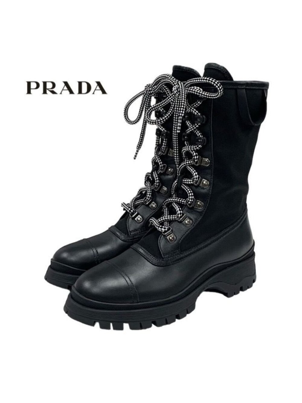 Prada Boots Short Middle Shoes Lace Up Leather Fabric Black - Picture 2 of 11